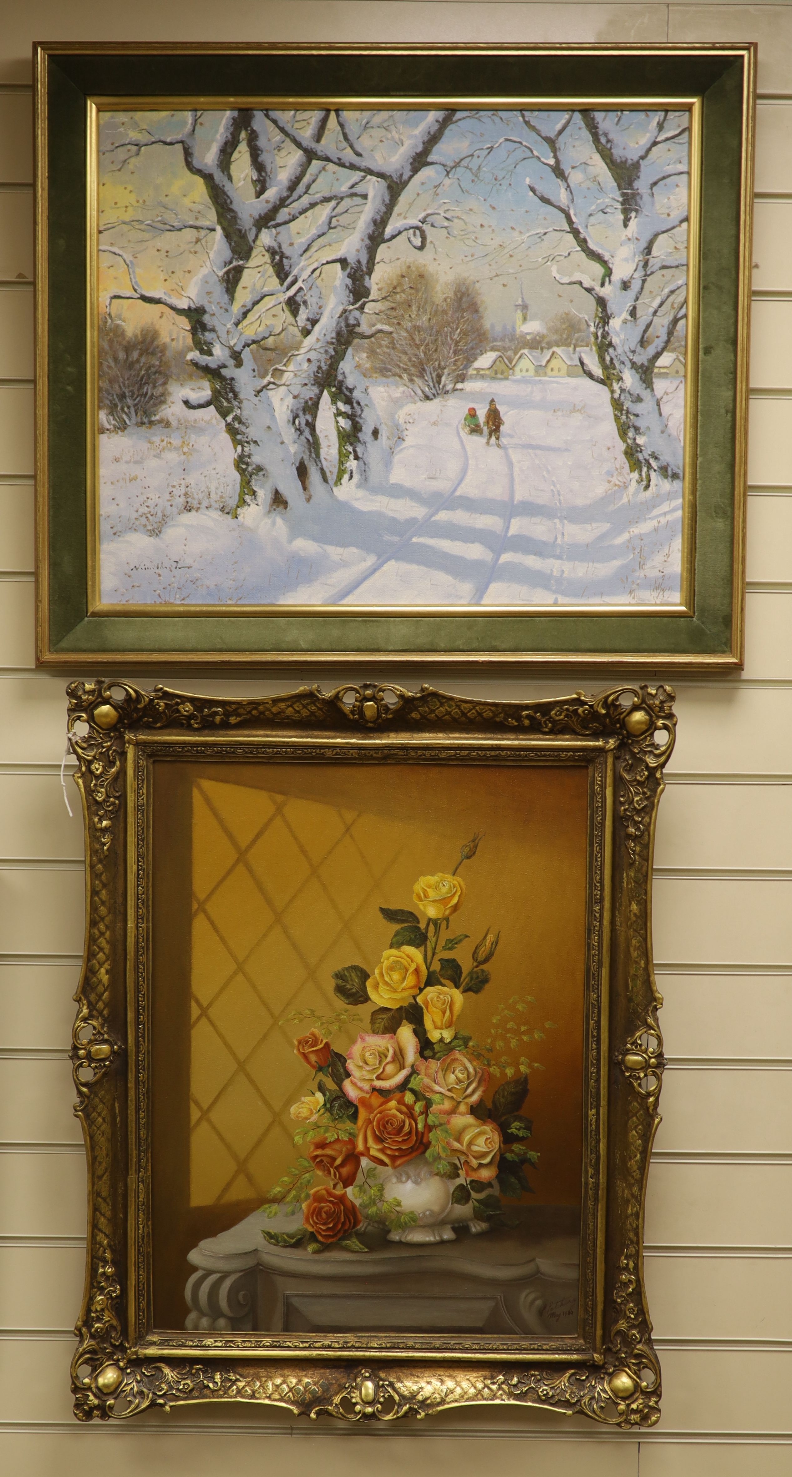 Z* Nemeth (20th century), oil on canvas, Winter landscape, signed, gilt and green velvet frame, 50 x 60cm and P. Patching, Still life of roses in a vase on a mantelpiece, indistinctly signed, oil on canvas, 60 x 45cm